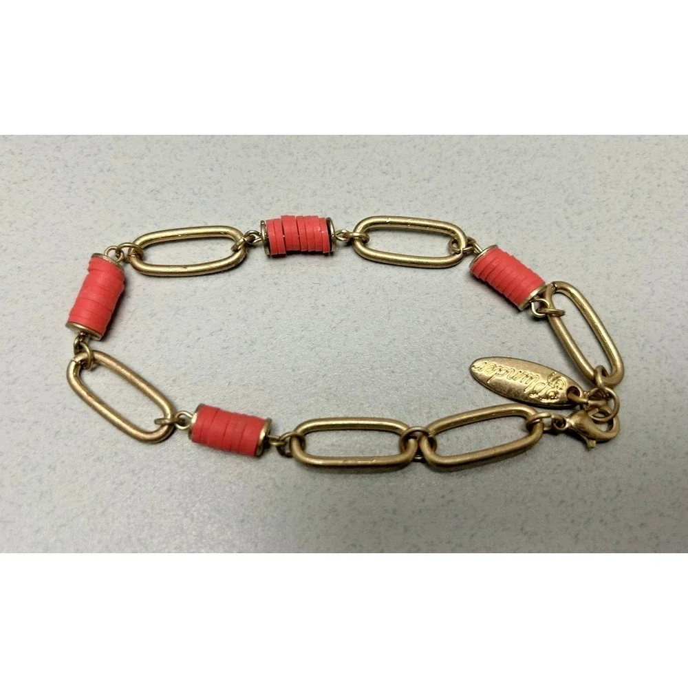 Plunder Design Matte Gold Tone Link Chain Bracelet Coral Pink Disc Beads Jewelry